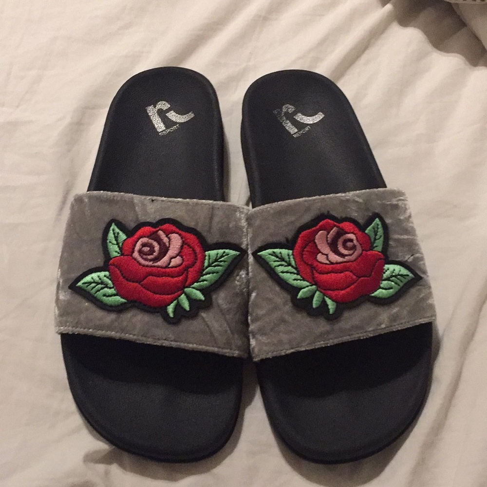 Floral suede slides
